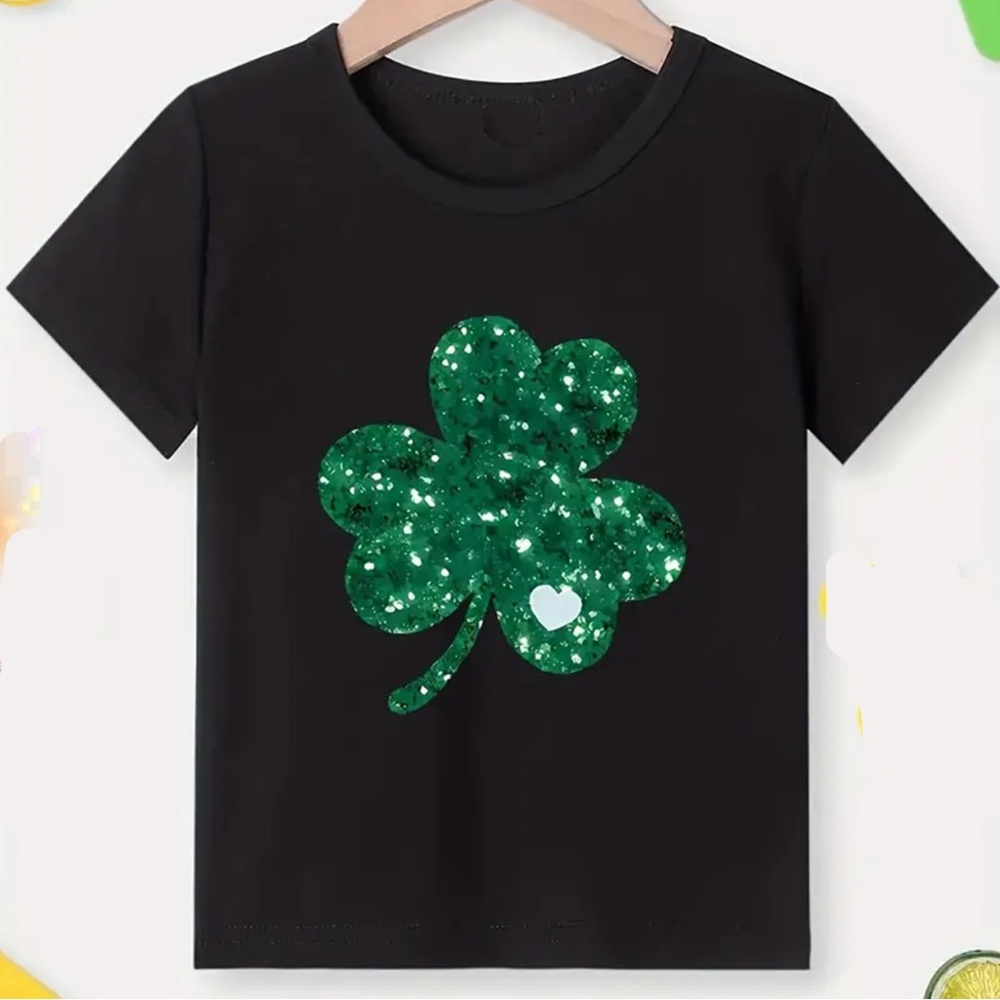 SHEIN Black Short Sleeve Tee with Green Glitter Clover